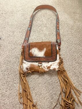 Western Fringe Cowhide Crossbody Bag in Brown and White